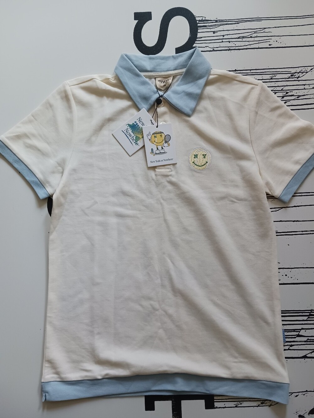 NWT NYON  Polo Shirt in Cream with Light Blue Trim, Size S